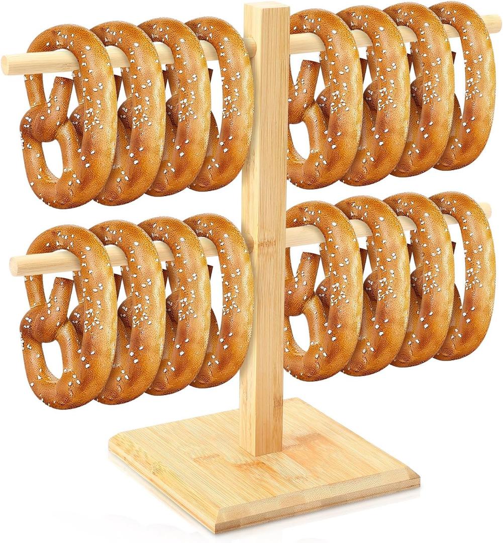 Pretzel Holder Stand Oktoberfest Bamboo Pretzel Display Rack Hanger with Arms Hanging Sausage Mug Hook Stand for Oktoberfest Party(35 x 40cm)