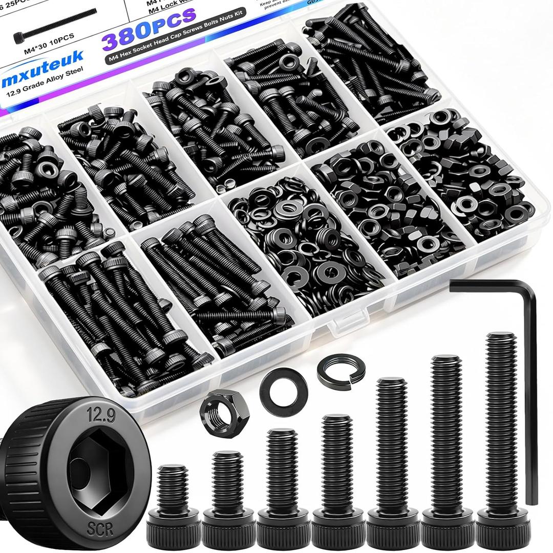 mxuteuk 380PCS M4 Screws Kits,6/8/12/16/20/30mm Metric Hex Socket Head Cap Bolts,12.9 Grade Alloy Steel M4 Bolts with Hex Wrench