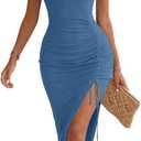 IHOT Women's Sexy Side Slit Midi Dresses Sleeveless Ribbed Casual Ruched Bodycon Club Party Tank Dress, Medium