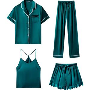 SAPJON Silk Pajamas for Women Set 4Pcs Ruffled Satin Pajamas Set Button Down Short Sleeve Cami Shorts Sleepwear Pj Set