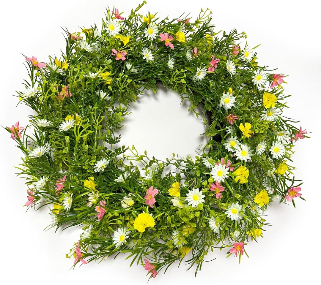 22" Spring Summer Wreath for Front Door, Artificial Floral Wreath with Pink Cosmos Yellow Chamomile White Daisies and Wild Grass, Indoor Outdoor Spring Summer Home Decor for Porch Window Wall