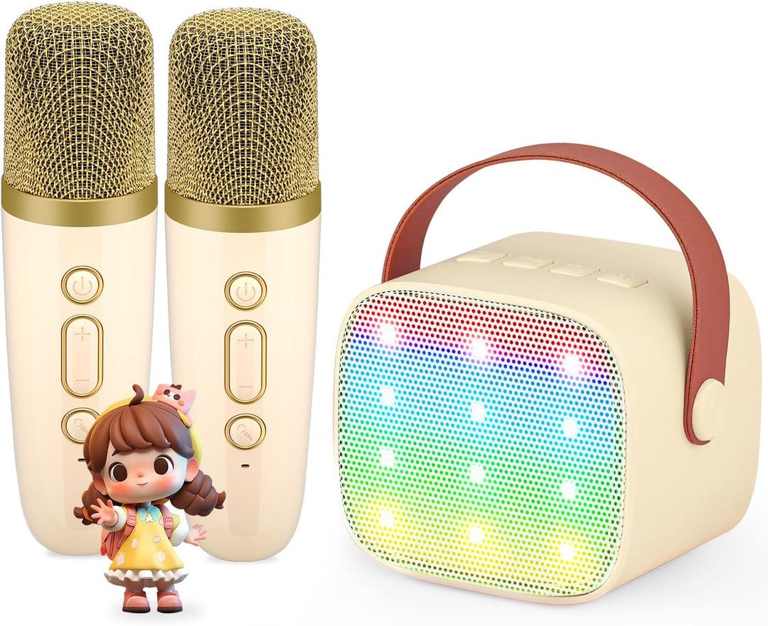 Mini Karaoke Machine for Kids, Kids Music Player Toys for Girls and Boys, Portable Bluetooth Speaker with 2 Wireless Microphone for Kids Toddler Home Party Birthday Gifts for Girl(Yellow) (Beige)