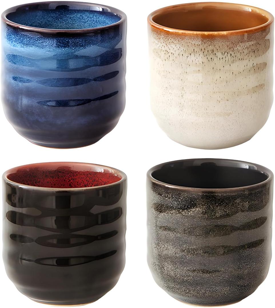 Homaisson 4 PCS Japanese Style Ceramic Tea Cups, Glazed Ceramic Coffee Cups, Handmade Pottery Drinkware 7 oz for Tea, Coffee, Matcha, Water (Multicolor)