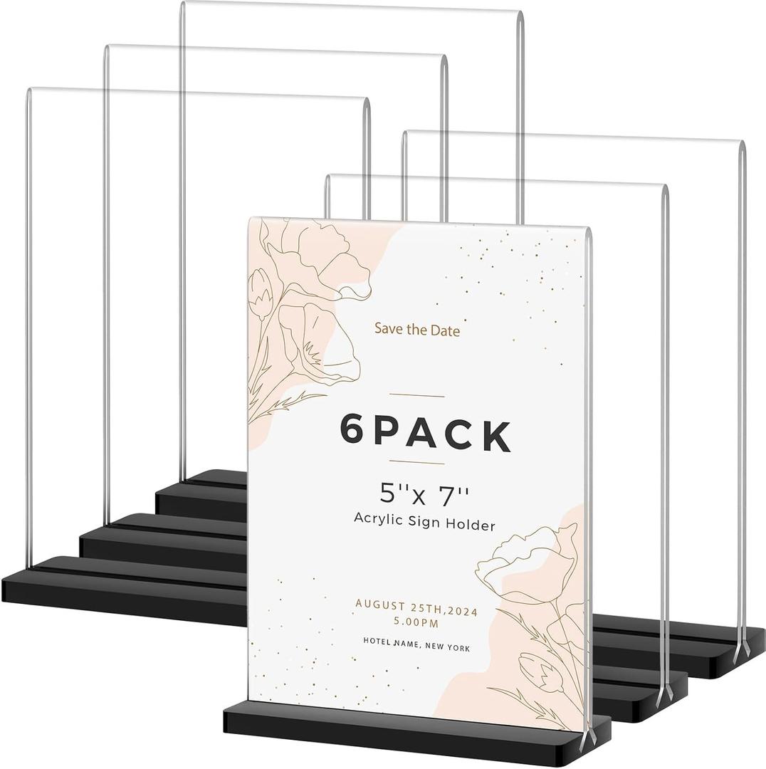 Acrylic Sign Holder 5x7, 6 Pack Double Sided Clear Display Stand, Vertical T-Shape Table Menu Brochure Sign Holder, Plastic Number Paper Holder Picture Frame Stands for Home, Office, Wedding, Party (Black)