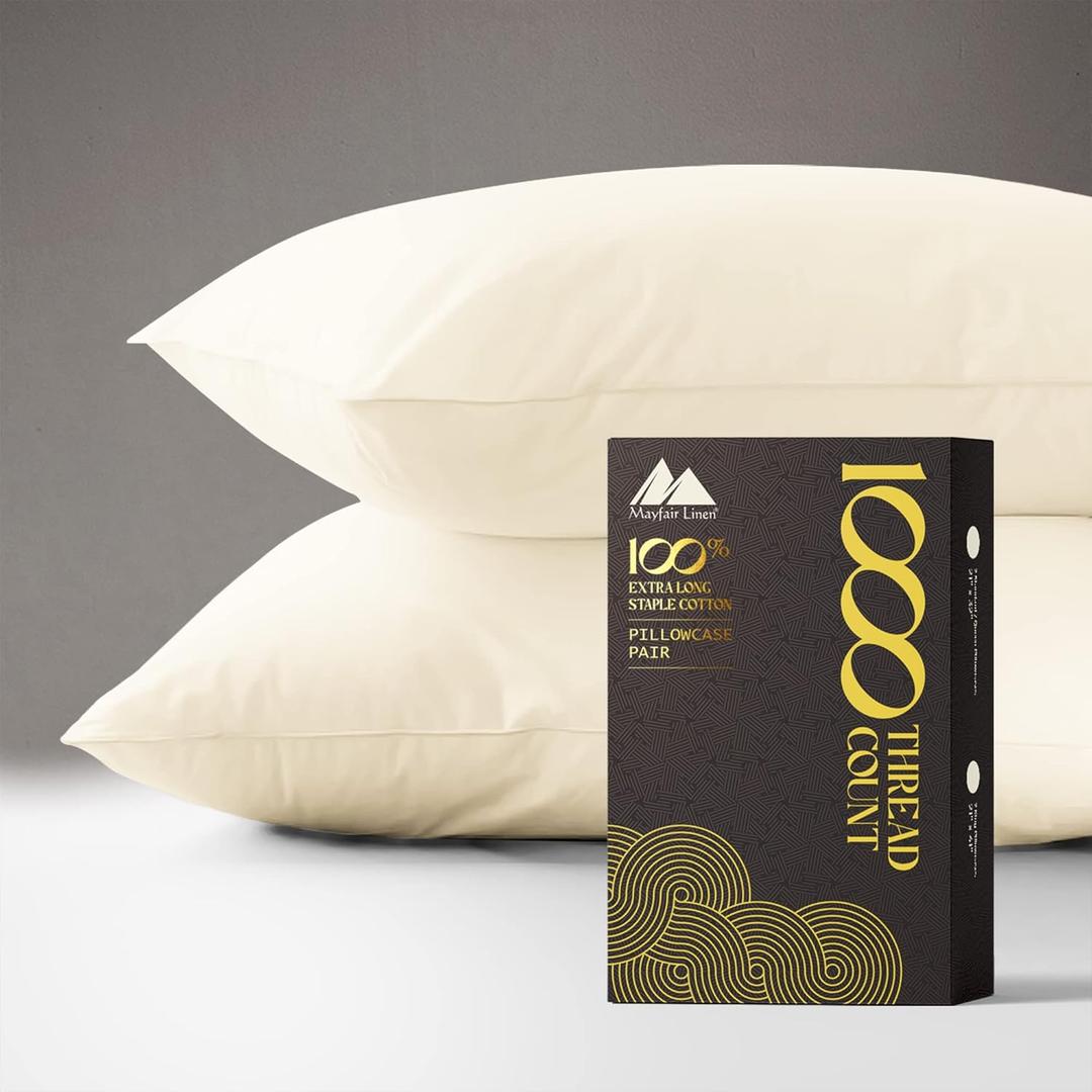 MAYFAIR LINEN 100% Egyptian Cotton Pillow Cases - 1000 Thread Count Pillow Cases Queen/Standard Size Set of 2, Soft & Breathable Extra Long Staple Sateen Weave Cotton Pillow Covers for Bed - Ivory