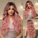 VKheroKV WL-01 Women's Wavy Ombre Pink Wig With Hair Bangs Long Length Synthetic Heat Resistant Nature Curly Wigs For Party Daily Halloween Cosplay (Ombre Pink (Middle Part Bangs))
