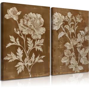 2Pcs Rustic Farmhouse Floral Canvas Wall Art Vintage Botanical Poster Print Retro Countryside Brown Floral Picture Modern Neutral Rural Painting Wall Decor for Living Room Bathroom 16x24in Framed, 24L" x 16W"