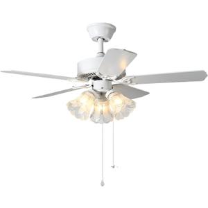 42 Inch Indoor Ceiling Fan with Pull-Chain and Three LED Light Bulbs Base, Traditional 3-Speeds Reversible Blades Ceiling Fan (White)
