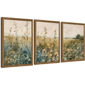 AVECCO 3 Pieces Framed Vintage Wildflower Canvas Wall Art, Nature Floral Artwork Wall Decor, Rural Botanical Art Prints for Bedroom Living Room Office Home Decoration Ready to Hang 20x30 Inch