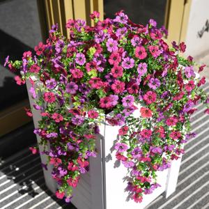 Artificial Hanging Flowers for Outdoors, 2 Pcs Fake Hanging Plant Spring Summer Decoration, UV Resistant No Fade Faux Silk Daisy Flower for Planter Porch Patio Yard Garden Decor(Light Purple Red)