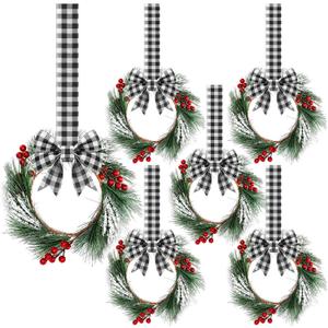 Crowye 6 Pcs Small Mini Christmas Cabinets Wreaths for Kitchen with Ribbon 10'' Hanging Artificial Green Leaves Decor Berry for Window Front Door Kitchen Wall Decor (Black and White)