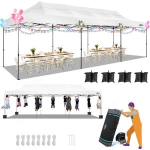 COBIZI 10x30 Pop up Canopy, Heavy Duty Outdoor Party Tents for Parties, Ez up UPF 50+ Waterproof Commercial Canopy with Wheeled Bag can fold, White (Windproof Upgraded)