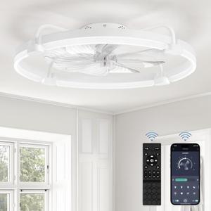 LEDIARY Ceiling Fans with Lights and Remote, 24'' Low Profile Ceiling Fan with Light, 3000-6000K Dimmable Fandelier LED Fan Light, 6 Wind Speeds, White Modern Flush Mount Ceiling Fan for Bedroom, White 