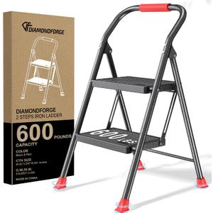 Step Ladder Foldable Folding Stool - for Home Adults Kitchen 2 Stepping Extension Tall Heavy Duty with Handrails - Closet Stepstool Stair Ladders Extendable Stepladder for Indoor House 600Lbs, Red, 2 Step