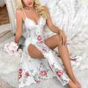 CRIPOM Silk Lingerie Dress for Women Long Sexy Nightgowns for Women Lace Chemise with Thong 2 Piece S-XXL