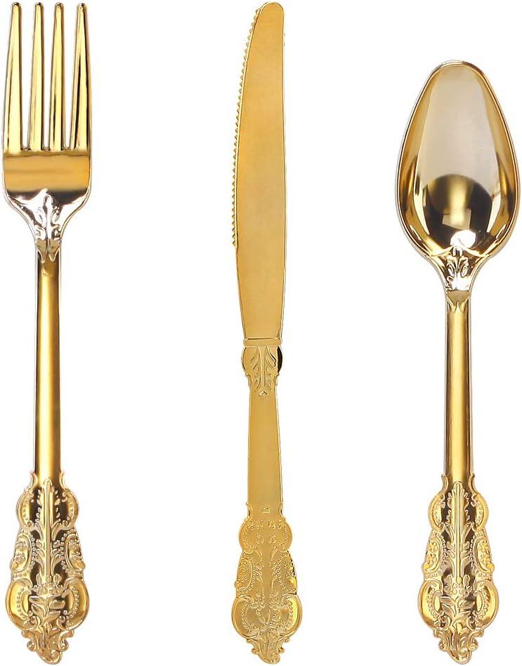 WDF 300 Pieces Gold Plastic Silverware Disposable - Heavy Duty Plastic Cutlery - Gold Silverware Sets Includes 100 Forks, 100 Spoons, 100 Knives (Gold - Baroque)