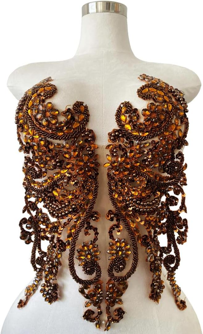 Hand-Made Beaded Rhinestons DIY Clothing Appliques Patch sew on Decoration Flower Applique Dress Accessories (Coffee)