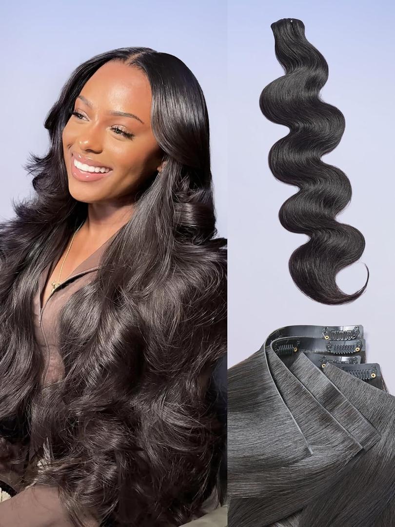 LUVME Invisible Clip in Hair Extensions Body Wave Real Human Hair, Remy Human Hair Extensions Clip ins for Women, Natural Human Hair, 14 inch 110g 6Pcs, Natural Black