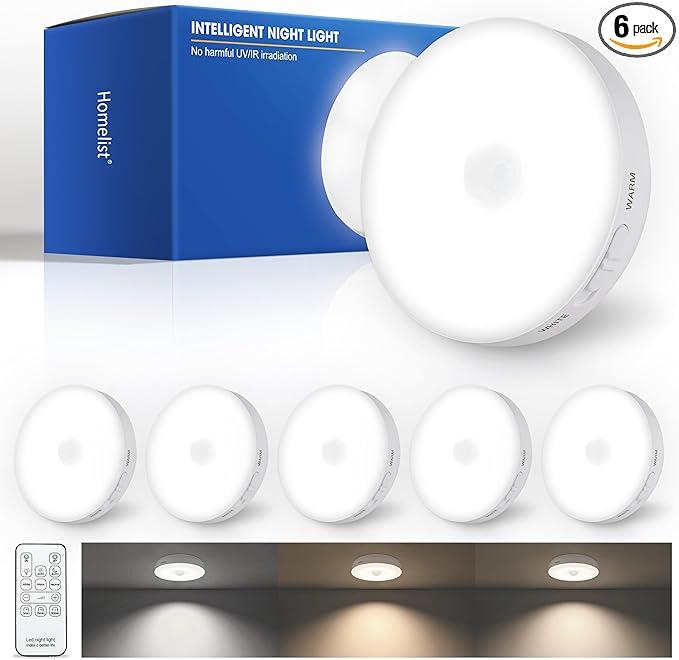 Homelist Upgraded Ultra Bright Motion Sensor Lights Indoor Rechargeable, 6 Pack Puck Light with Remote, 1500mAh Battery Operated Sensor Night Light for Stairs, Cabinet, Bedside, Closet