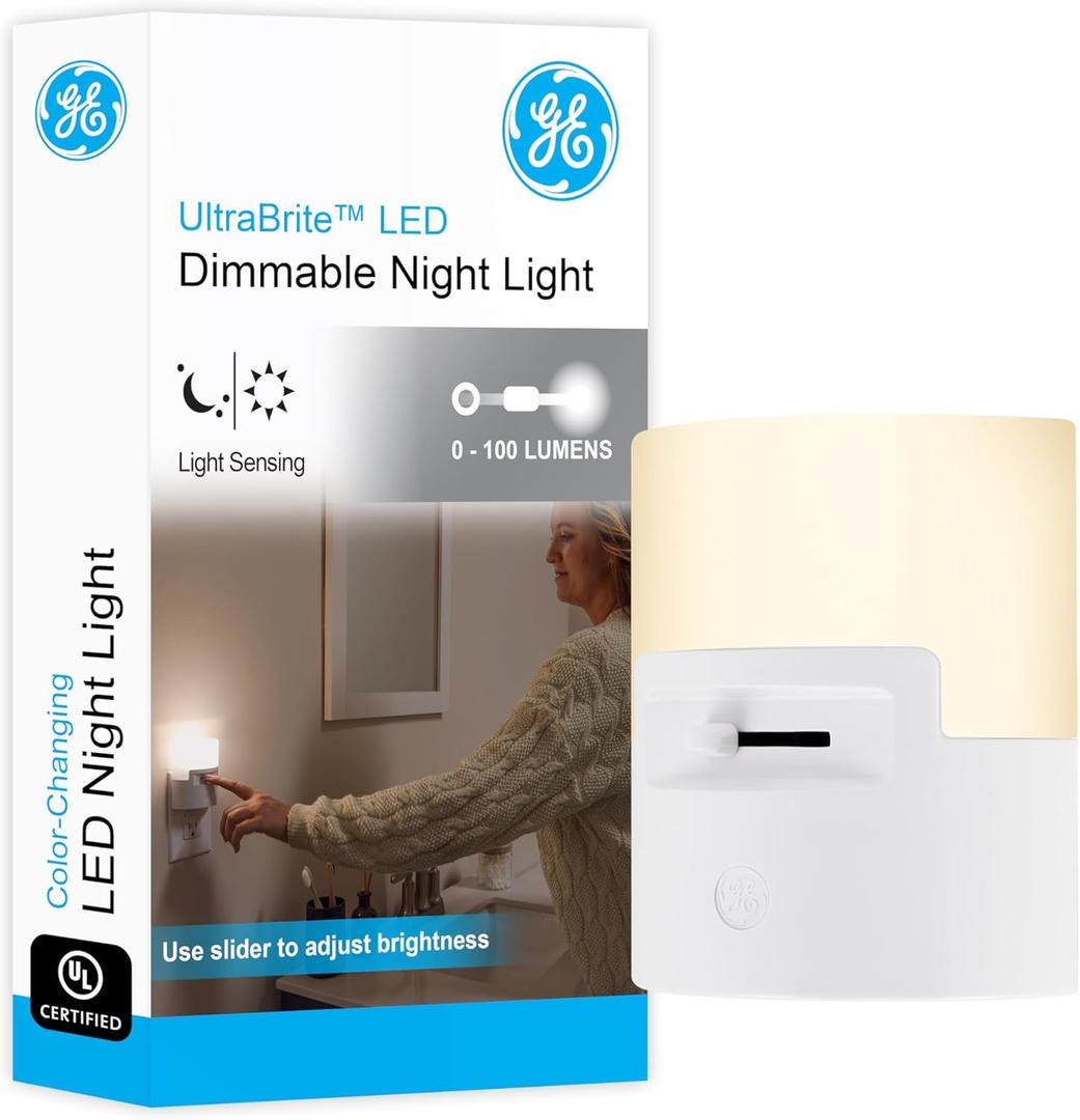 GE Ultrabrite LED Night Light, Dimmable, 100 Lumens, Plug-in, Dusk to Dawn Sensor, UL-Listed, Ideal for Bedroom, Bathroom, Nursery, Kitchen, Hallway, 45125, 1 Pack, White