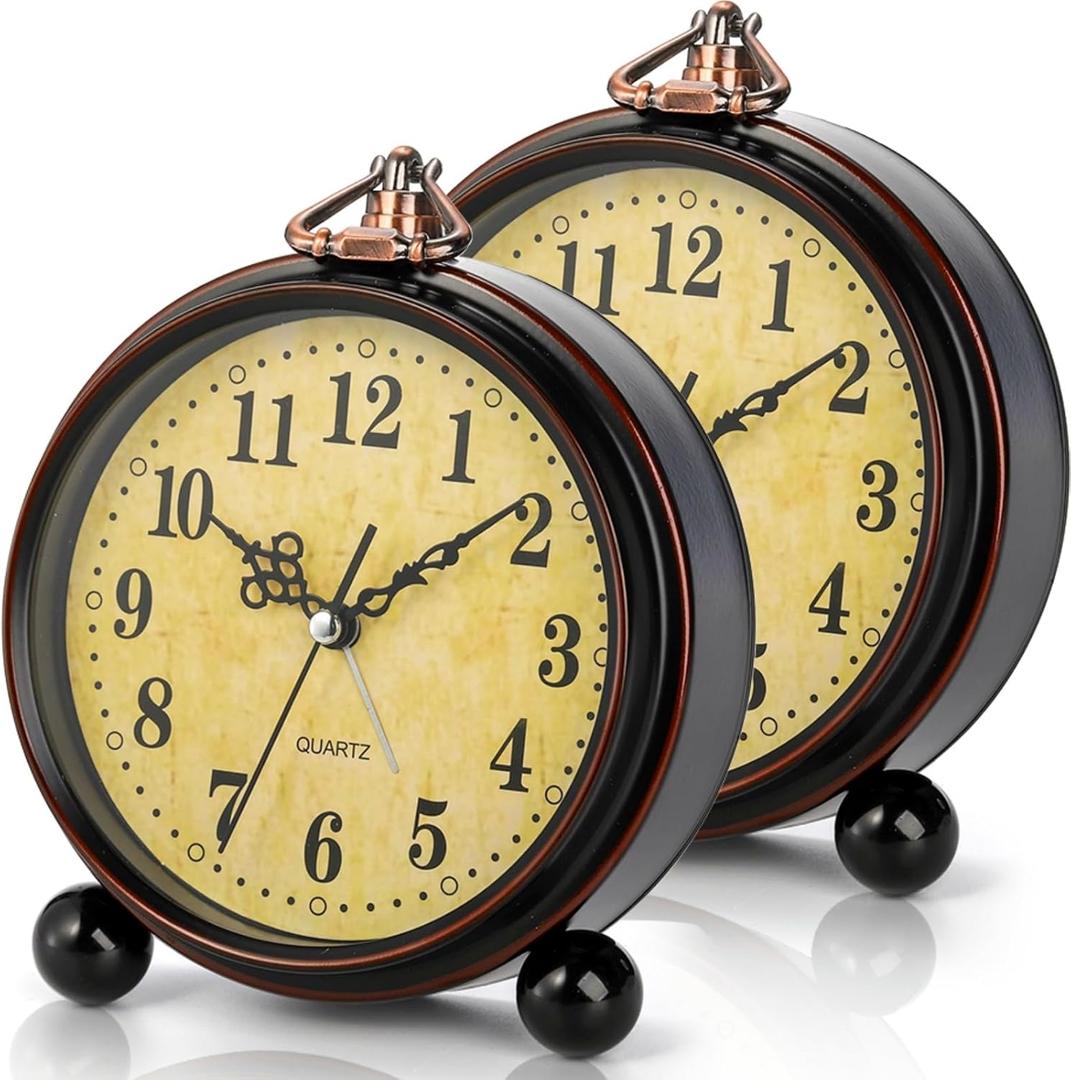 Pumtus 2 Pack Vintage Retro Analog Alarm Clocks, 5.2 Inch Silent Non Ticking Small Table Clock, Battery Operated Desk Clocks for Bedroom, Elegant Bedside Gift Clock for Living Room, Office, Room Decor