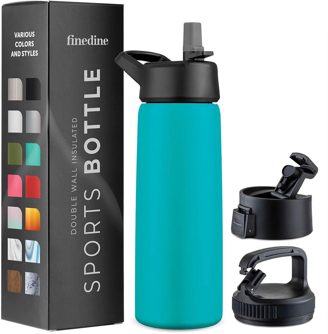 FineDine Triple Walled, Insulated Water Bottles with Straw - 25 Oz Stainless Steel Metal Bottle W/ 3 Leak Proof Lids - For Travel, School, Sports, Gym/Men, Women & Kids - Powder Steel Blue