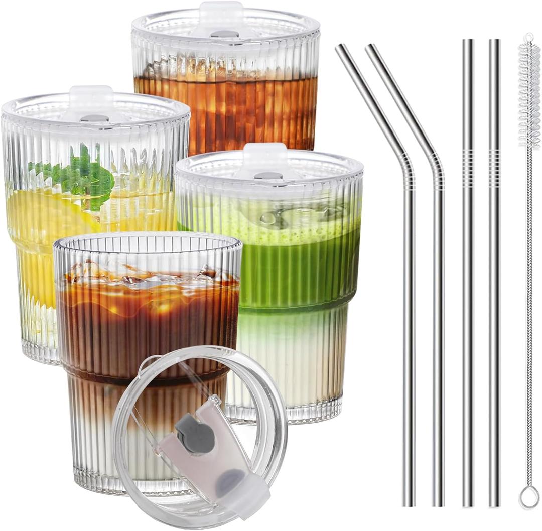 HIGIINC Iced Coffee Cups with Lids 4 Pcs, 13 OZ Glass Cups with Lids and Straws, Reusable Ribbed Glasses Drinking Set, Clear Cute Aesthetic Glass Tumbler for Home Kitchen Office Travel, Small