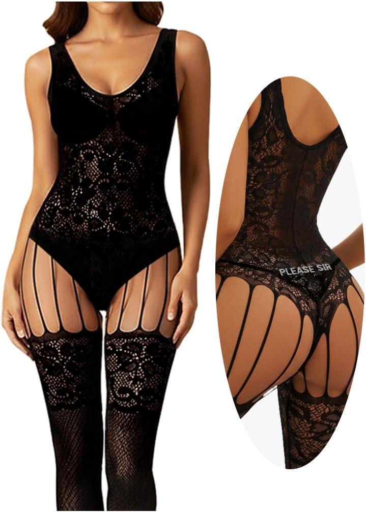 2Pcs Women Fishnet Bodysuit,Mesh Lace Body Stockings for Women with Funny Thong,Sexy Lingerie Bodysuit Party Rave Outfits