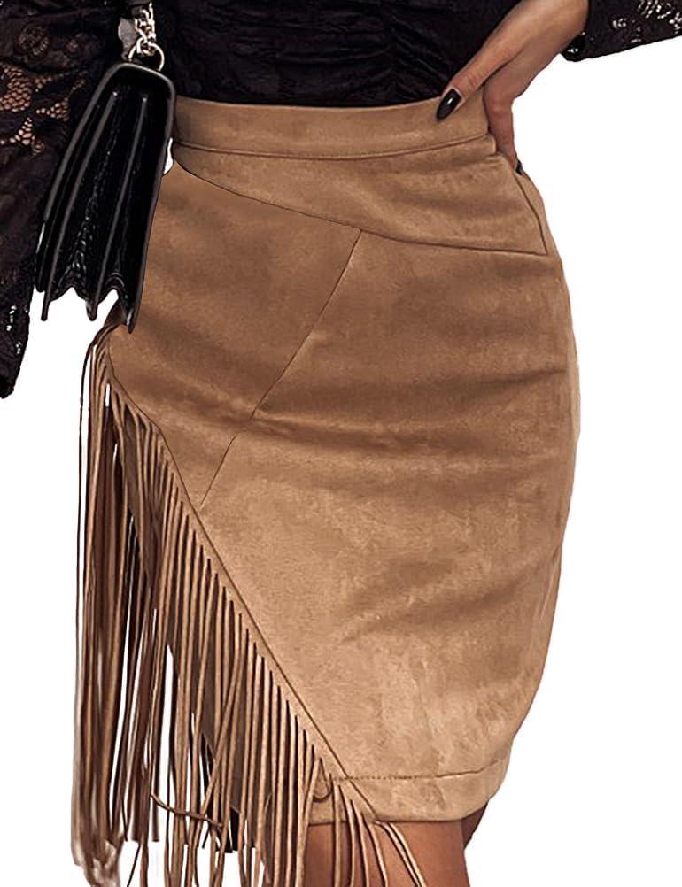 IDEALSANXUN Fringe Suede Skirt for Women High Waisted Fall Winter Tassel Short Mini Skirt 2025 (Medium, Khaki)