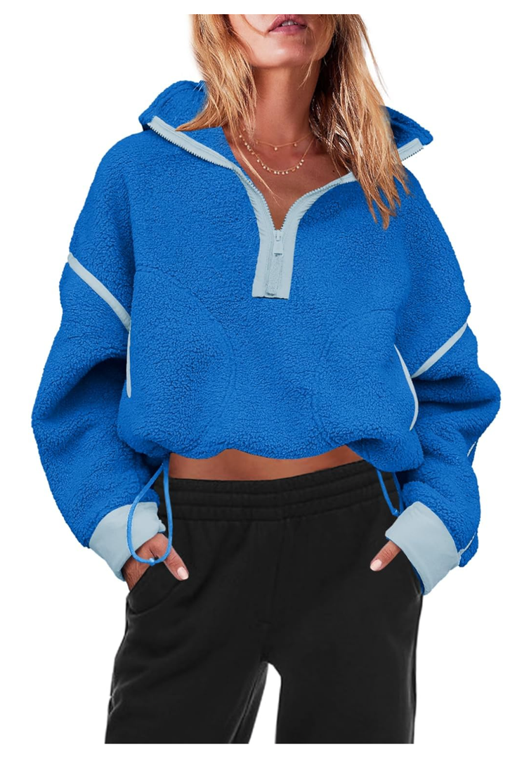 Panadila Womens Half Zip Sherpa Fleece Pullover Soft Oversized Sweatshirt with Pockets Warm Fuzzy Sweater M