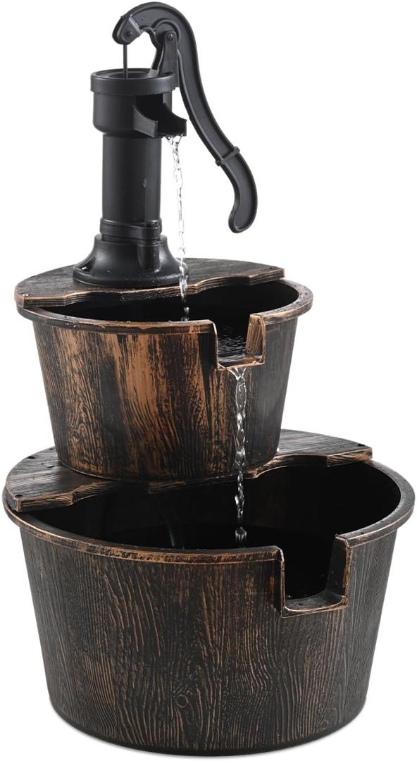 2-Tier Barrel Waterfall Fountain,27-Inch Plastic Outdoor Water Feature with Pump for Garden,Patio and Backyard