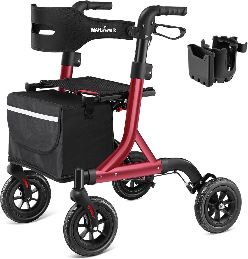 MAXWALK Walkers for Seniors, Rollator Walker with Seat, 8" Rubber Wheels All Terrain Rollator Walker with Backrest, Aluminum Walkers Built-in Cable, Foldable and Adjustable Height for Seniors, Red