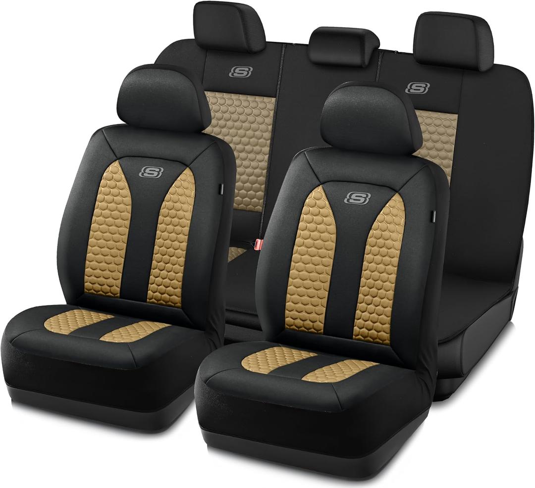 Skechers Memory Foam Car Seat Cover Full Sets, Hexcomb Breathable Thick Seat Covers, Airbag Compatible, Automotive Comfort & Protection for Most Cars,Van,Trucks, SUVs (Beige,Full Set) (Black and Beige)