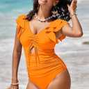 Sovoyontee Women's Ruffle One Piece Swimsuit Tummy Control Bathing Suits Drawstring Cutout V Neck Swimwear (Green, S)