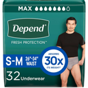 Depend Fresh Protection Adult Diapers, Incontinence Underwear for Men, Disposable, Maximum, Small/Medium, Grey, 32 Count