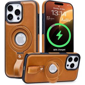 Butaiga for iPhone 14 Pro Max Leather Case with Stand, AntiSlip Grip Ring, Fits for MagSafe (Brown, iPhone 14 Pro Max)