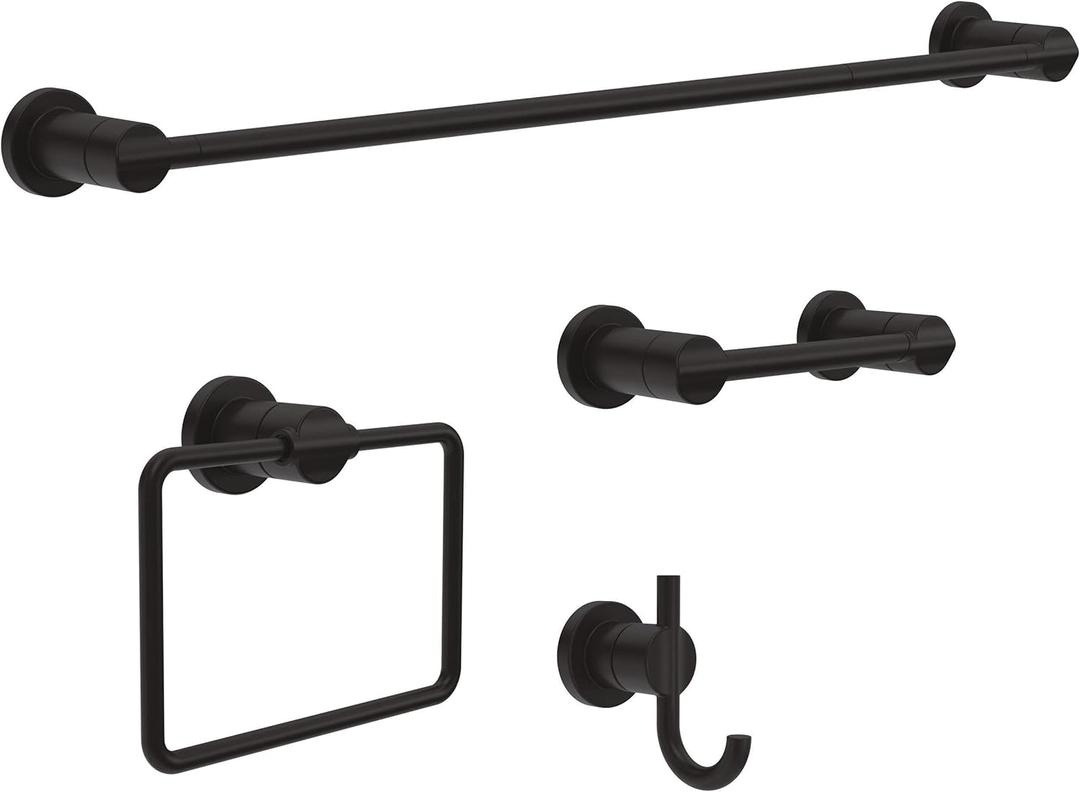 Delta Nicoli (4-Pack) Bathroom Set Matte Black 18" Towel Rack, Toilet Paper Holder, Hand Towel Holder, Towel Hook| Bathroom Accessory Set Towel Holder 4-Piece Hardware Set NIC64-MB