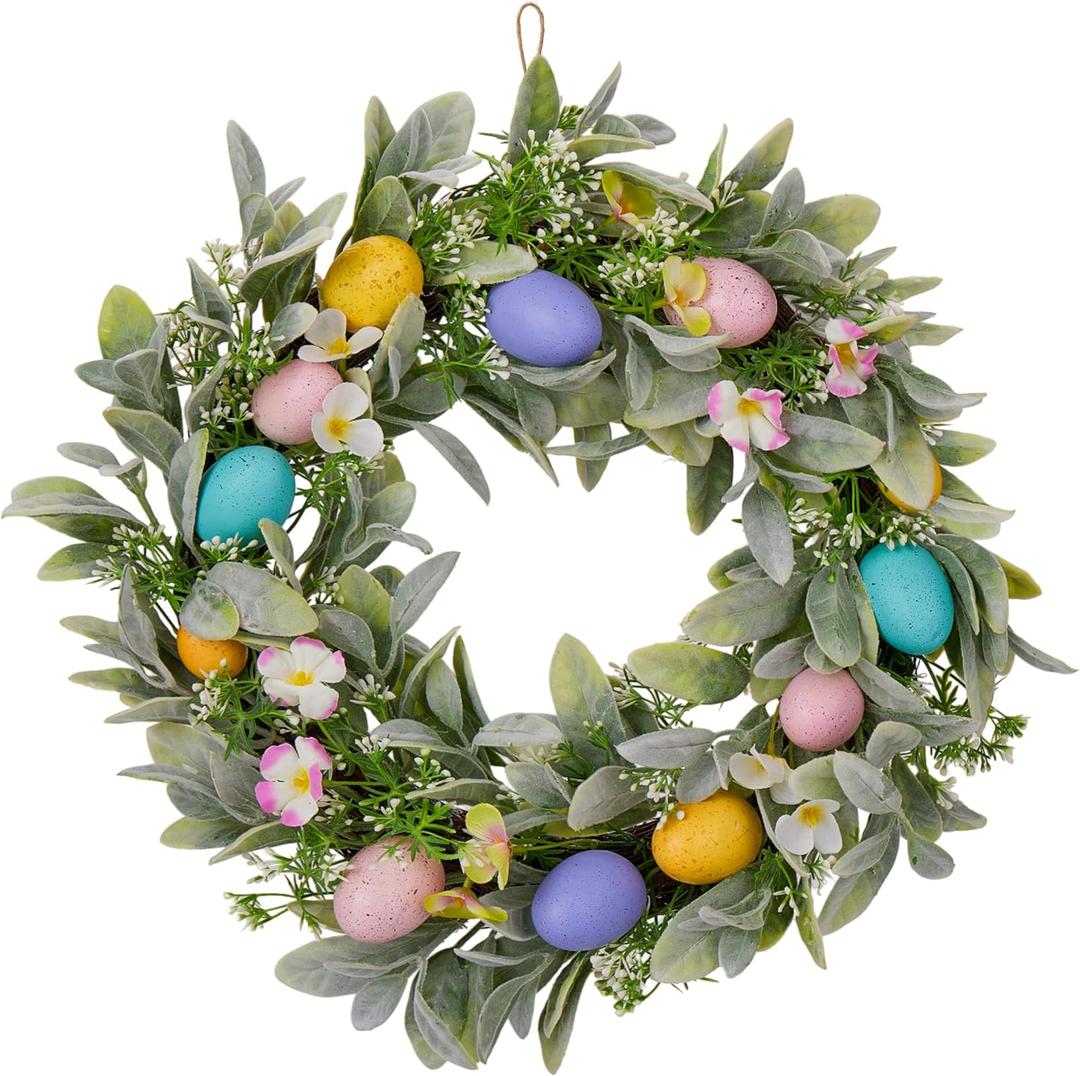 Easter Wreath, Easter Decorations 18inch Easter Front Door Wreath with Green Leaves and Decorative Eggs, Spring Front Door Decoration for Home Party and Holiday Celebrations