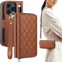 OCASE for iPhone 17 Pro Crossbody Wallet Case - Stylish PU Leather Handbag Phone Purse with Zipper Closure, Card Slots & RFID Blocking - Wrist Strap, Lanyard, Kickstand - Diamond Check Brown