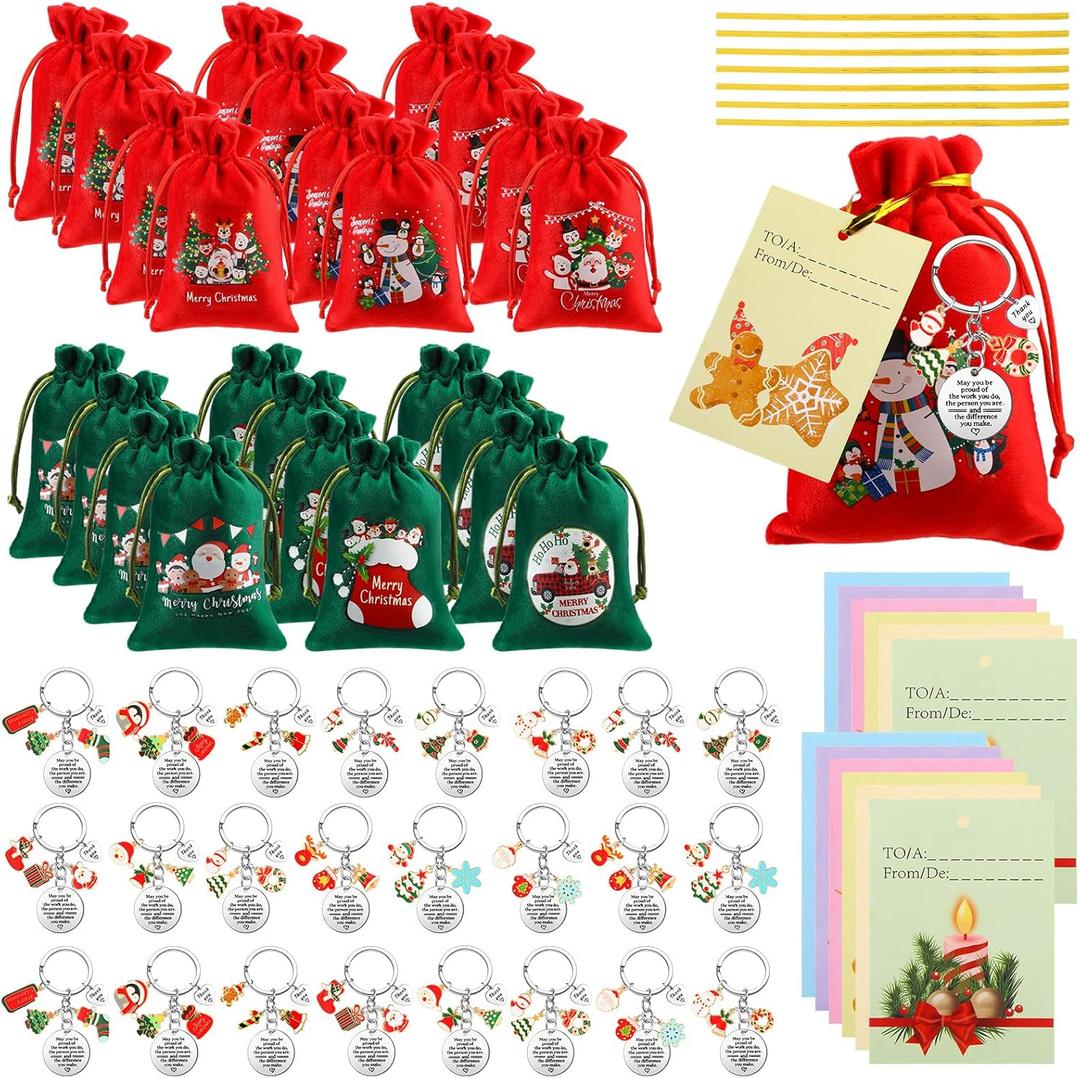 Christmas Keychain Gifts Set Christmas Employee Gift Bags Employee Appreciation Keychain Thank You Card for Xmas Coworker Teacher Nurse(24 Sets)