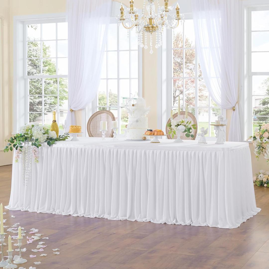 96inch White Polyester Table Skirts for Rectangle Tables 8ft(Cover Front), Wrinkle Free Pleats Ruffle Cloth Table Skirt 8ft for Banquet Wedding Party Cake Dessert Craft Gift Tables Decorations