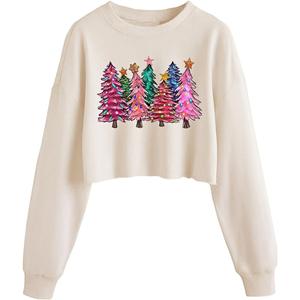 ZKDOO Women Christmas Tree Crop Sweatshirt Funny Xmas Graphic Lantern Long Sleeve Pullover Winter Holiday Family Matching Top (Small)