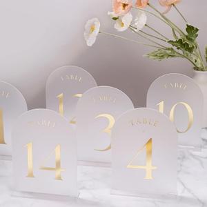 UNIQOOO Frosted Arch Wedding Table Numbers with Stands 130, Gold Foil Printed 5x7 Acrylic Display Signs and Holders, Pack of 30, Perfect for Centerpiece, Reception, Decoration, Party, Anniversary, Event