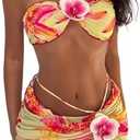 SOLY HUX Women's 3 Piece Swimsuit Floral Halter Bikini Set Beach Vacation Bathing Suit with Drawstring Cover Up Skirt, M