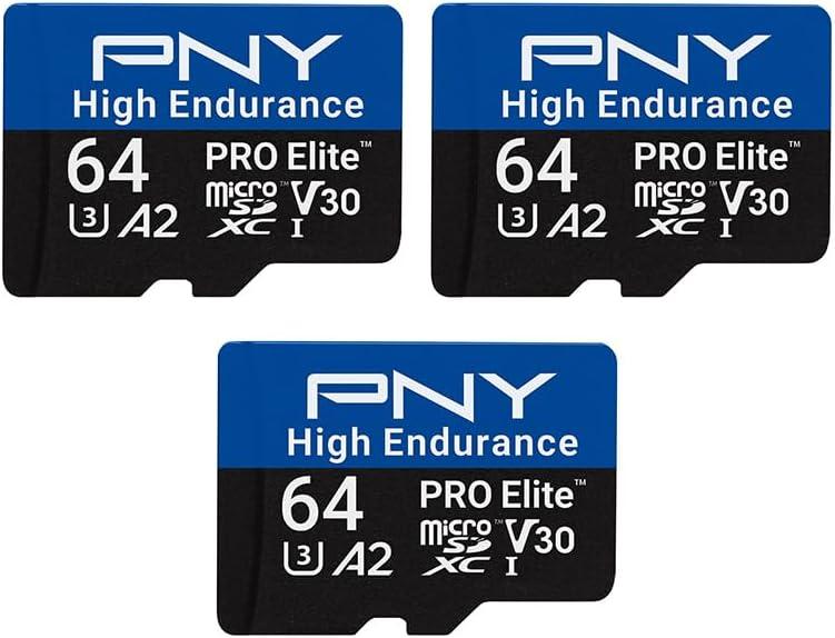 PNY 64GB PRO Elite High Endurance C10 U3 V30 A2 microSDXC Up to 17.2K Continuous Recording Hours, Up to 100MB/s Read, 4K UHD, Full HD, UHS-I, Surveillance, Home Security, Dash Cam, 3-Pack