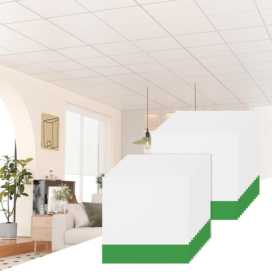 24 pcs 24" x 24" Smooth Drop Ceiling Tiles 2ft x 2ft, PVC Ceiling Tile - Waterproof, Fire-Rated to Prevent Breakage - Cover 96 Sq. Ft, White