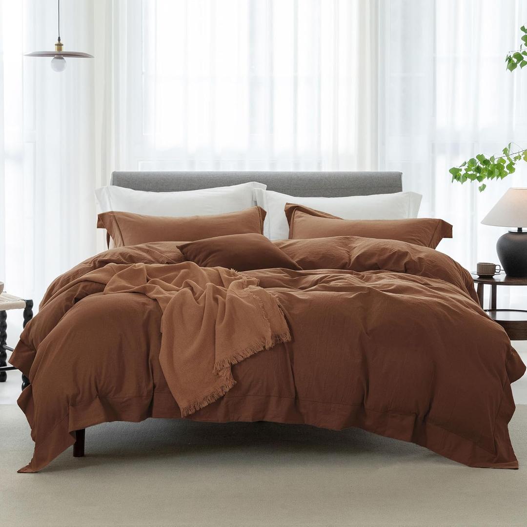 Cooling Queen Duvet Cover Set 3 Pieces-100% Washed Cotton with Chic Wide Trim Design Linen Like Textured Ultra Soft Cozy Bedding with Zipper Closure (Hemmed Dark Orange, Queen 90"x90")