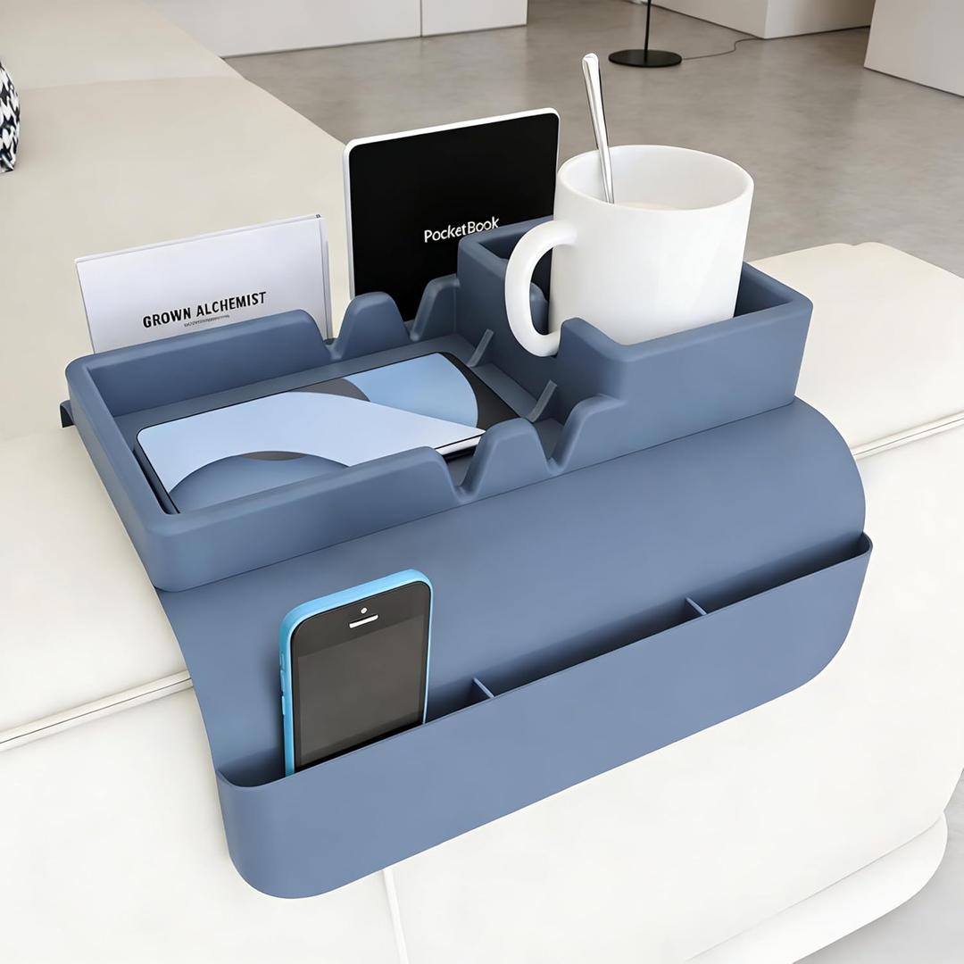 Couch Arm Cup Holder - Silicone Sofa Armrest Tray with 5 Side Pockets, Anti-Slip Armrest Recliner Armchair Caddy, Sofa Table Organizer for Drinks Tablet Remote Snacks Cellphone Cup (Blue)