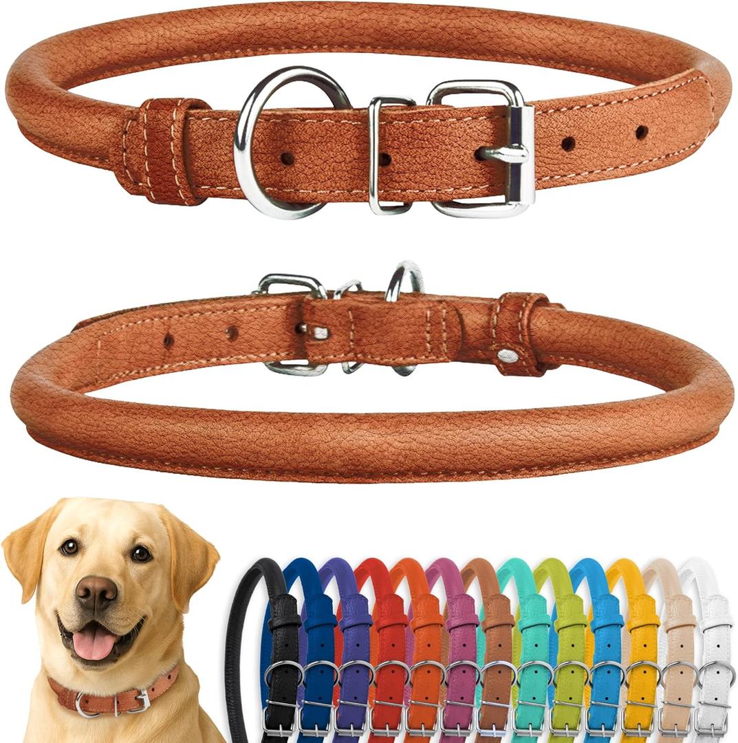 CollarDirect Rolled Leather Dog Collar, Soft Padded Round Puppy Collar, Handmade Genuine Leather Collar Dog Small Large Cat Collars Black Pink Red Purple Blue (Fits 16"-20" Neck, Brown) (XL: 15-19 in)