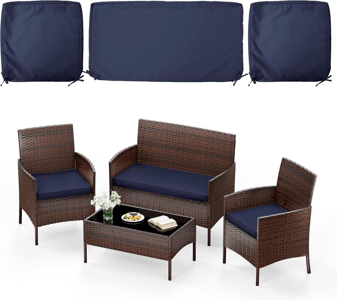 3 Pack of Outdoor Seat Cushion Replacement Set Suitable for 4 Pieces of Wicker Rattan Furniture Terrace Guest Set Sofa Chair (36x18x2, 18x18x2), Only Cover (Navy Blue)